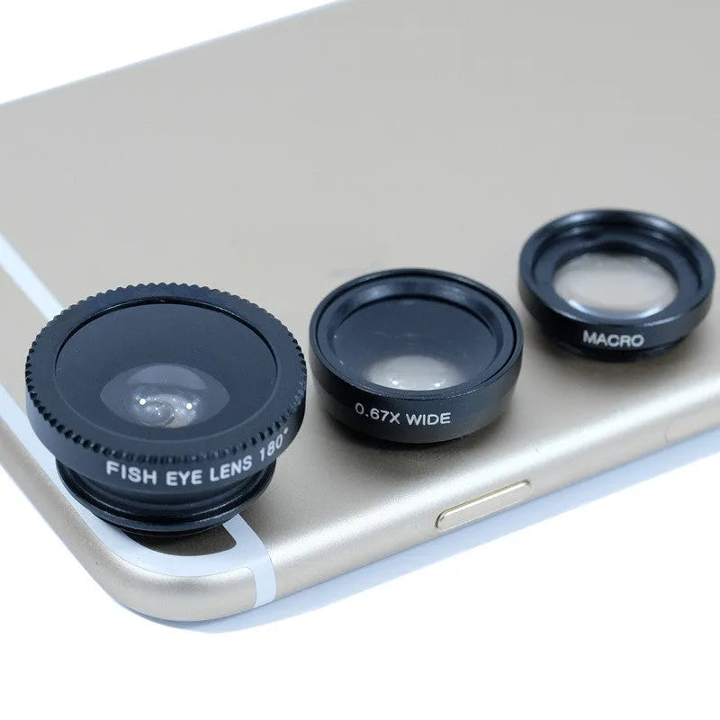 0.67x magnification mobile phone fisheye lens kit with 180-degree wide-angle and macro capability in multiple colour options