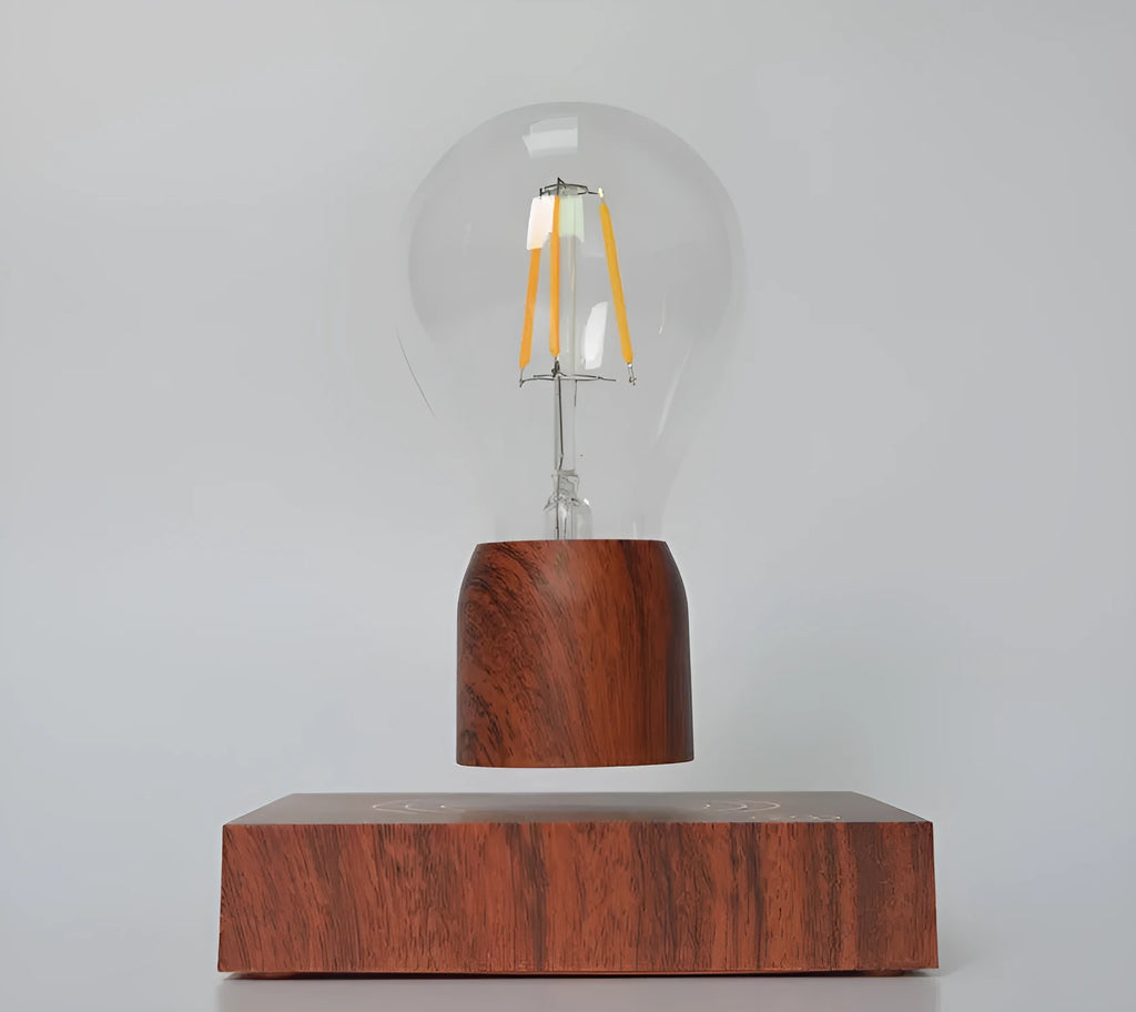 Magnetic levitation floating bulb with imitation wood base and glass enclosure