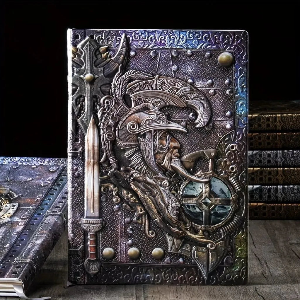 A5 leather notebook with embossed 3D warriors design on the cover, shown in bronze colour.