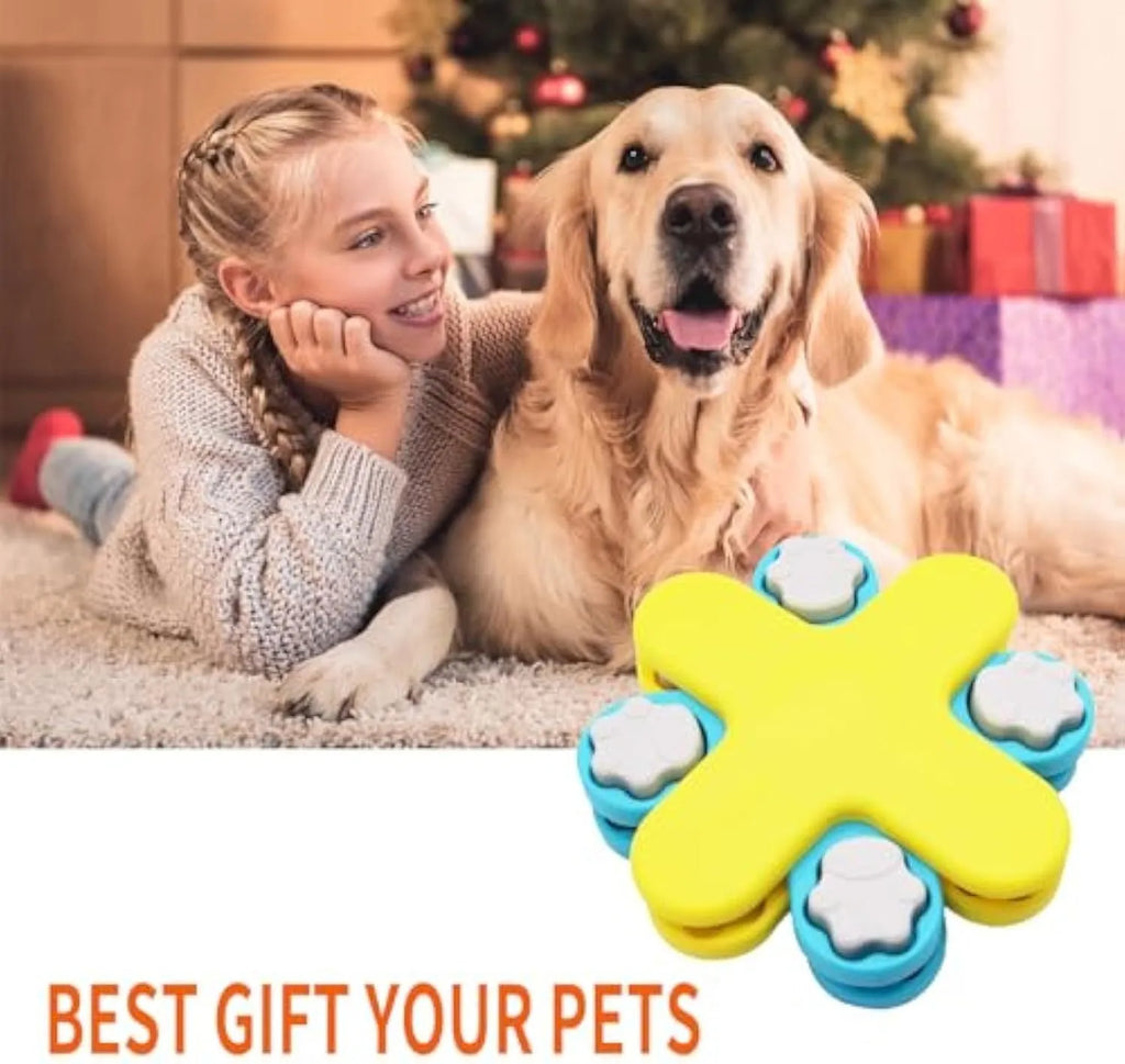 Yellow three-layer rotating dog food puzzle feeder with anti-slip rubber base