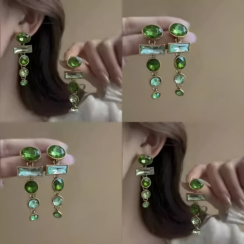 Green gradient geometric alloy earrings with dangling tassels and inlaid zircon stones.