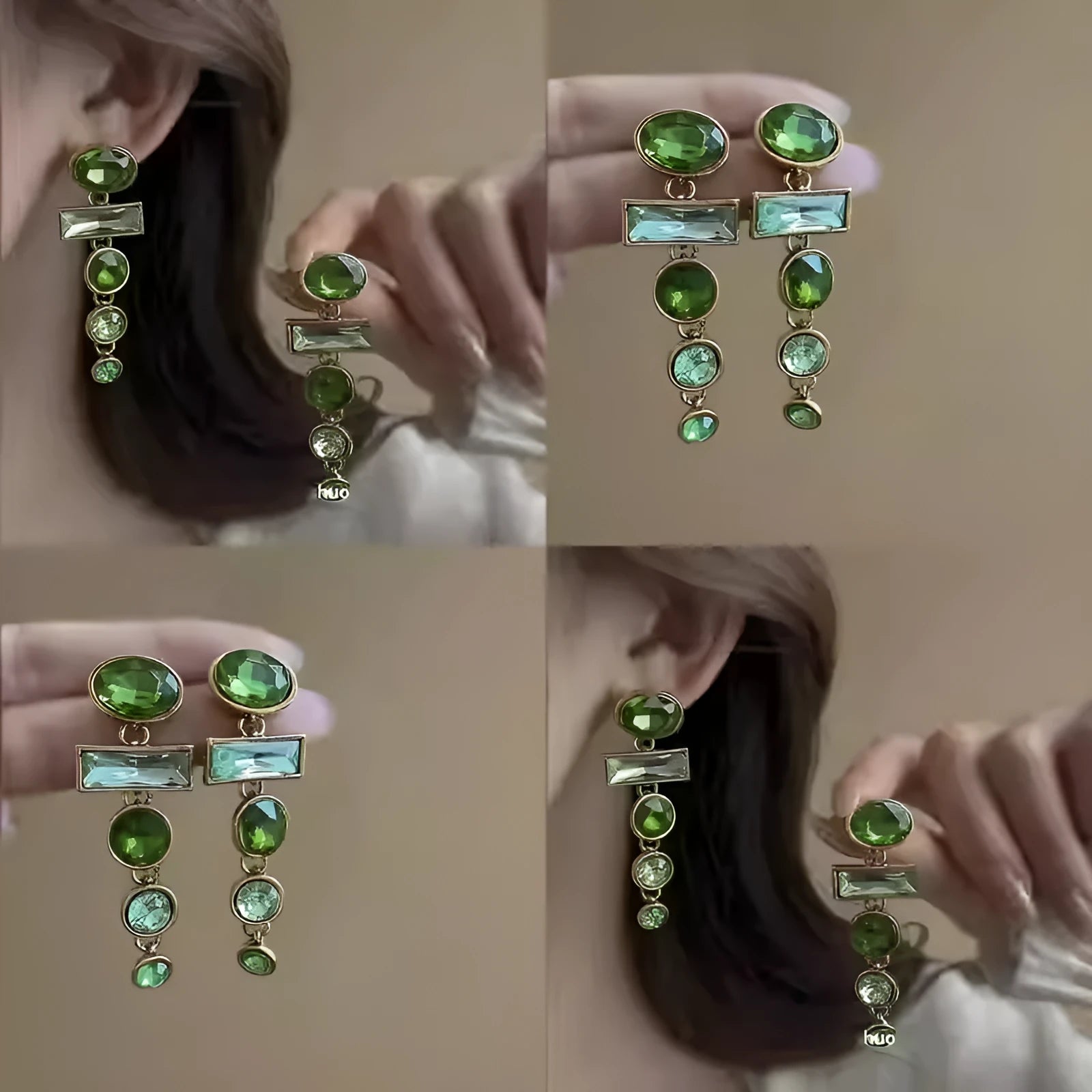 Green gradient geometric alloy earrings with dangling tassels and inlaid zircon stones.