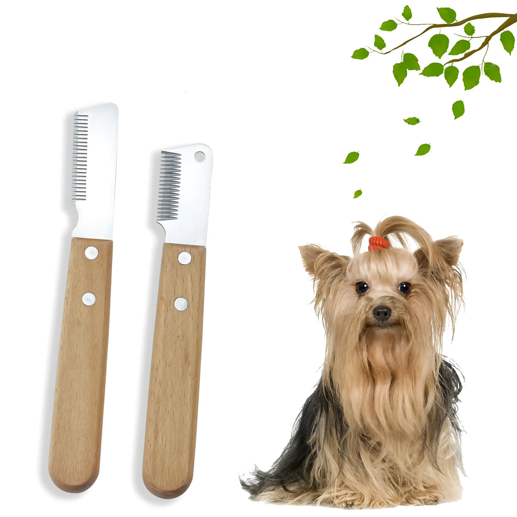 Pet stripping comb with wood handle and metal fittings for dog and cat grooming, available in long or short size