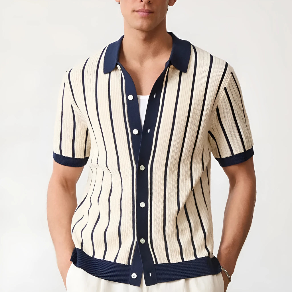 Men's white short sleeve knitted top with asymmetrical lapel collar and stripe pattern