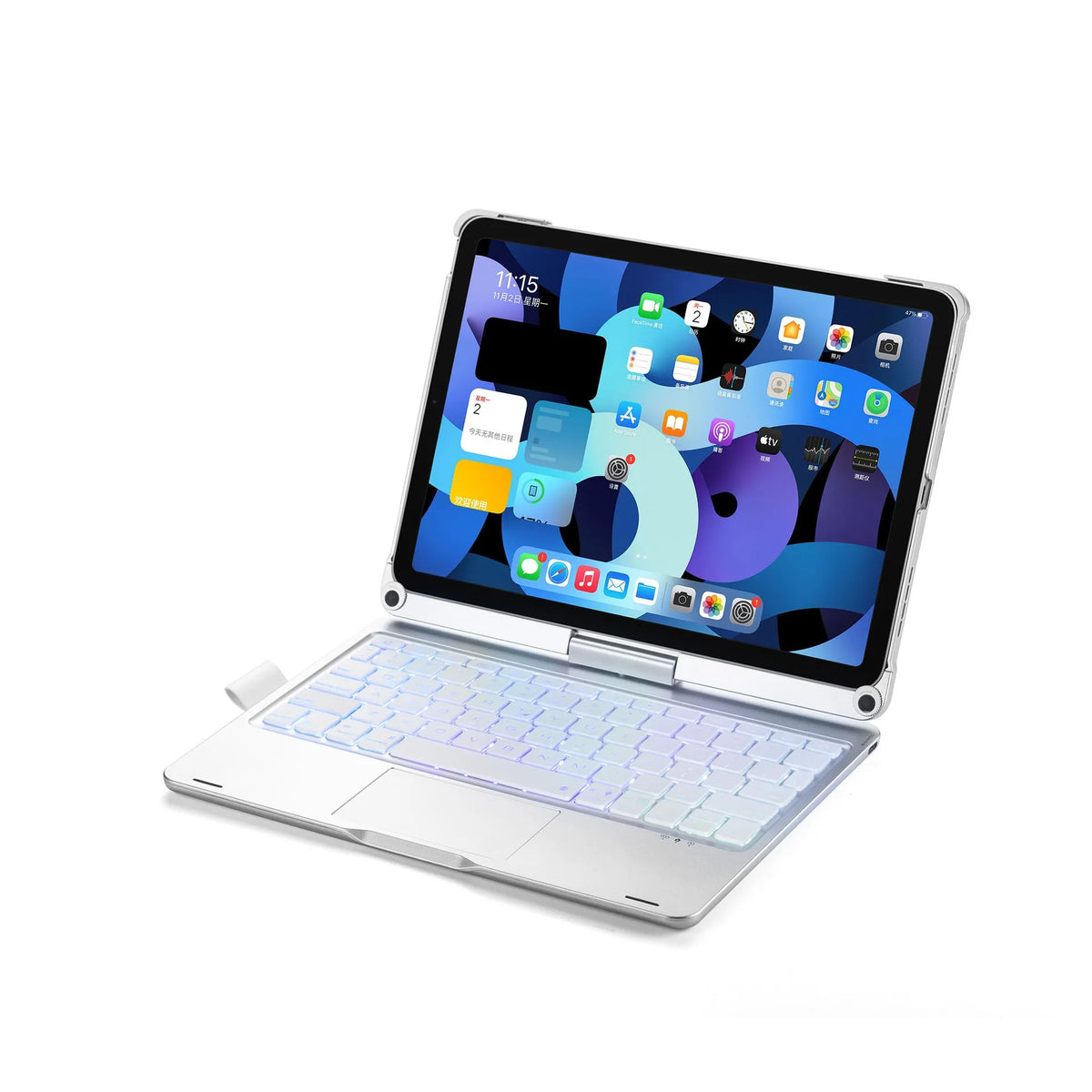 Miaocontrol Bluetooth keyboard with rotating stand holding an iPad tablet
