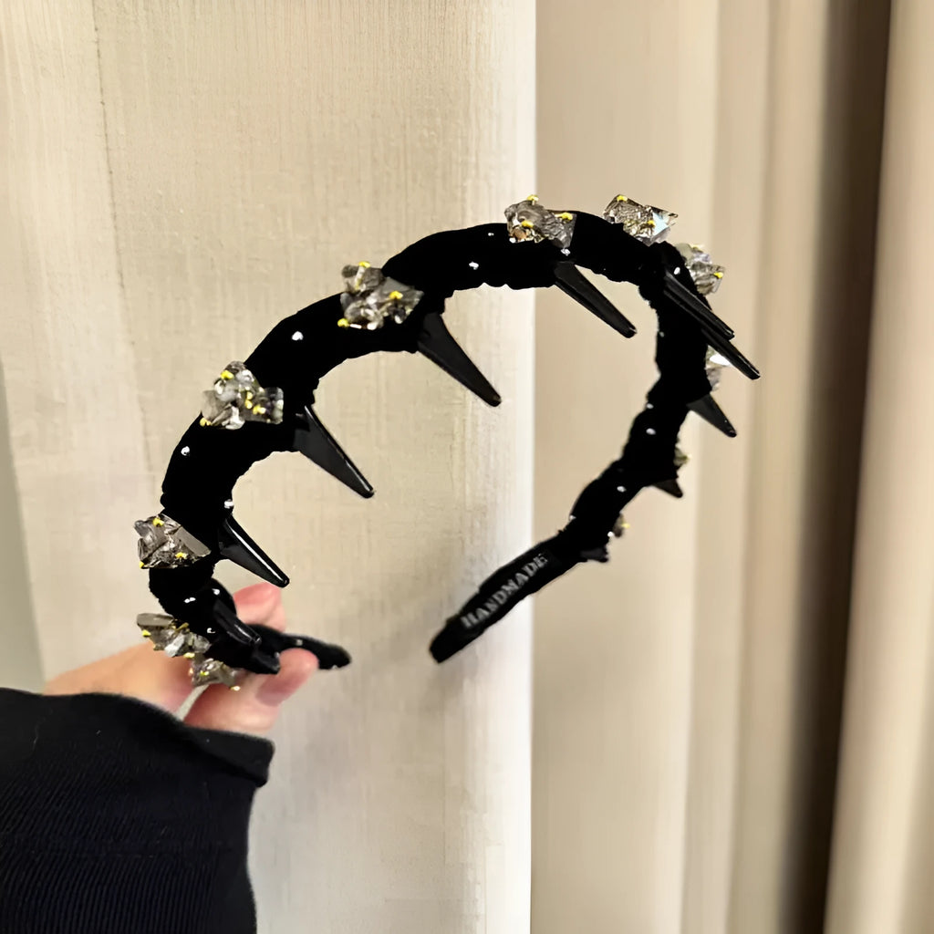 French velvet hairband with crystal wave detail in red, black, and coffee colours