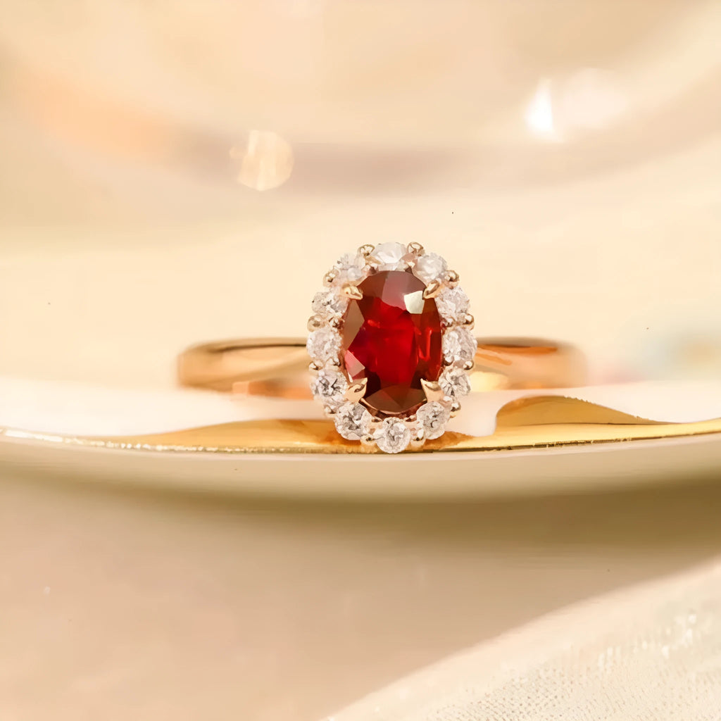 Gold Pigeon red blood gemstone sterling silver inlaid ring with floral pattern
