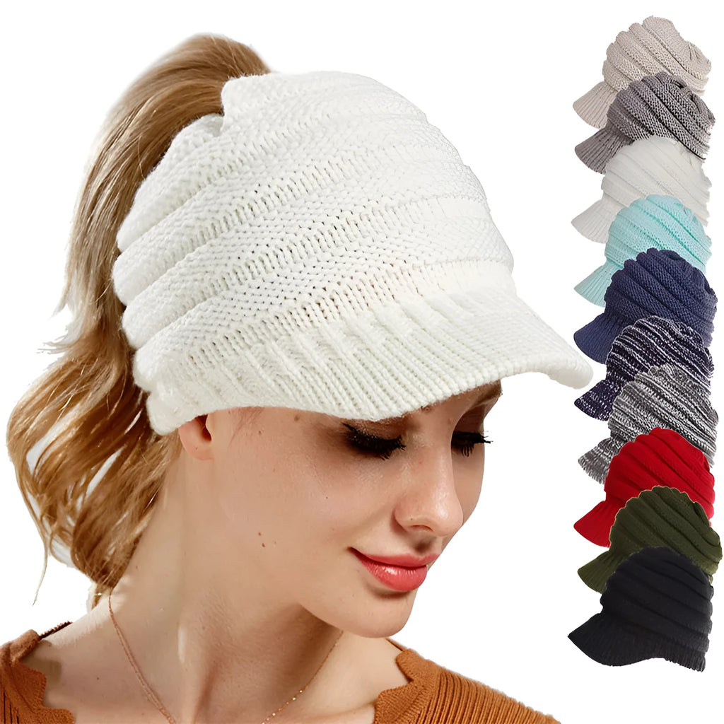 Women's soft acrylic ponytail beanie hat in various colours on a model with a ponytail.