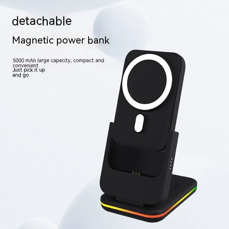 Magnetic three-in-one wireless charger and 5000mAh power bank with Type-C, in black or white, ABS body.