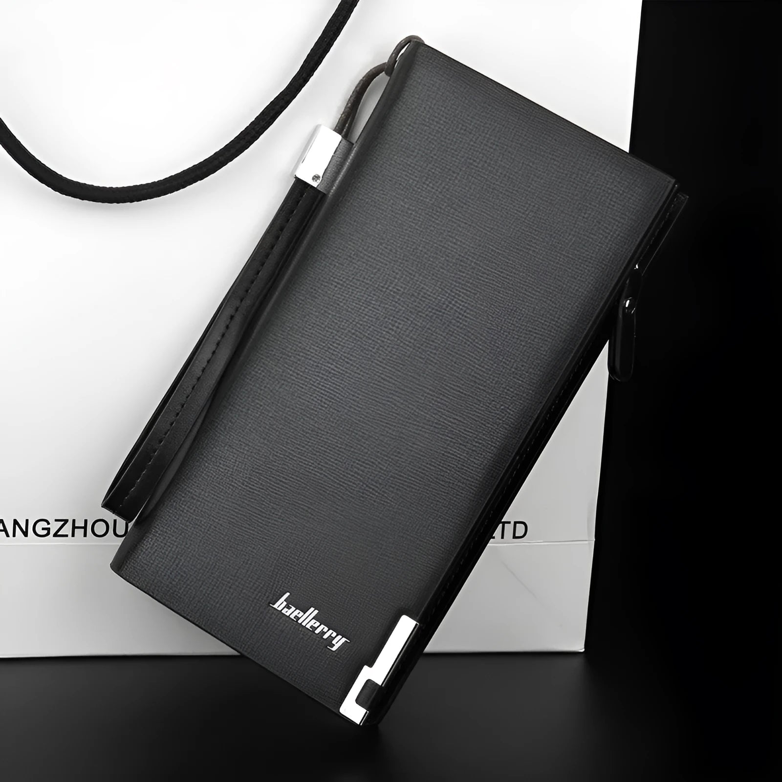 Men's black PU leather zipper wallet showing 7 card slots and cash compartment with waterproof construction