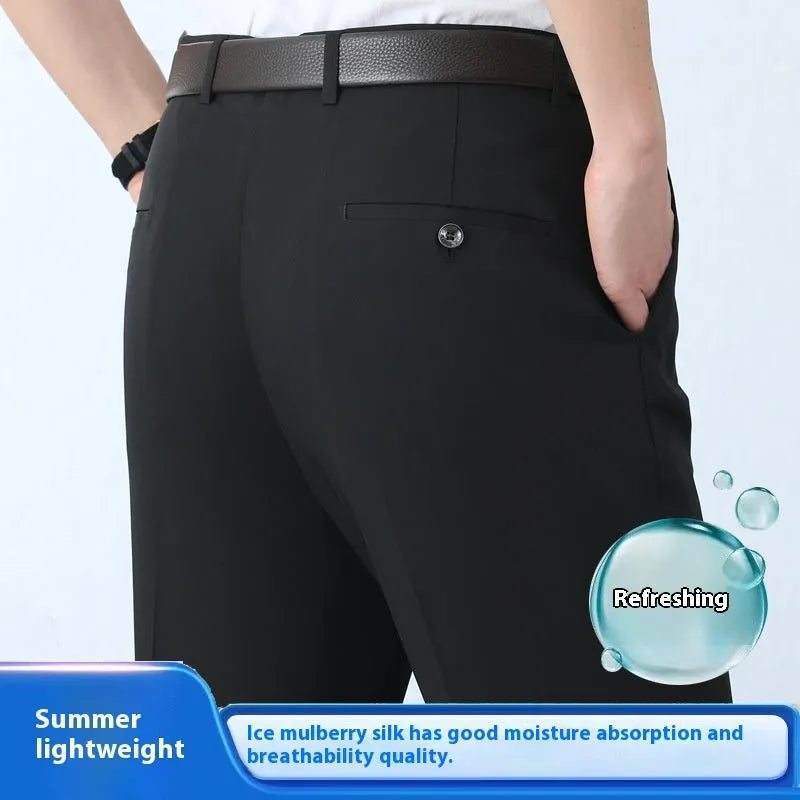 Men's straight-leg business trousers in mulberry silk blend with high waist and non-iron fabric