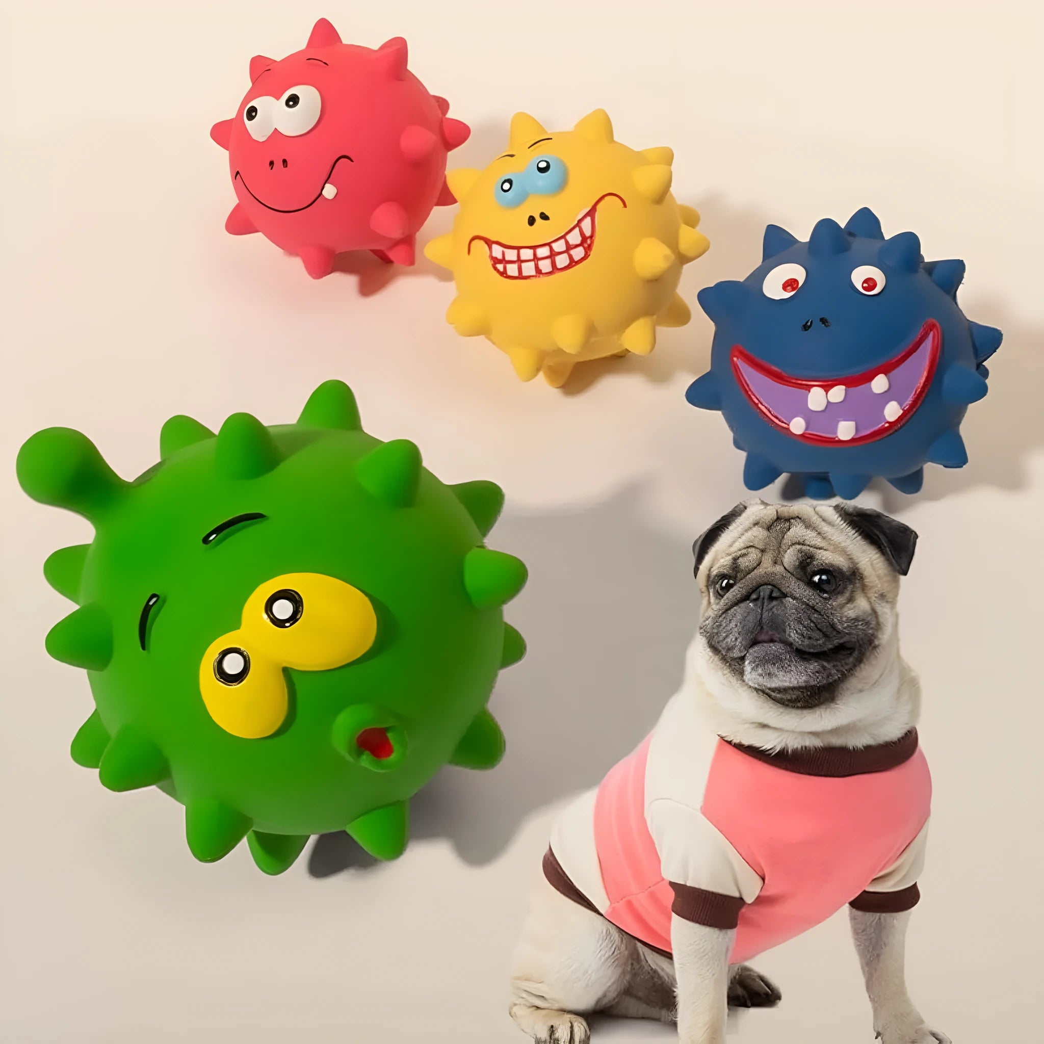 Four colourful natural latex rubber squeaky dog balls with cute faces design, 7.5cm diameter