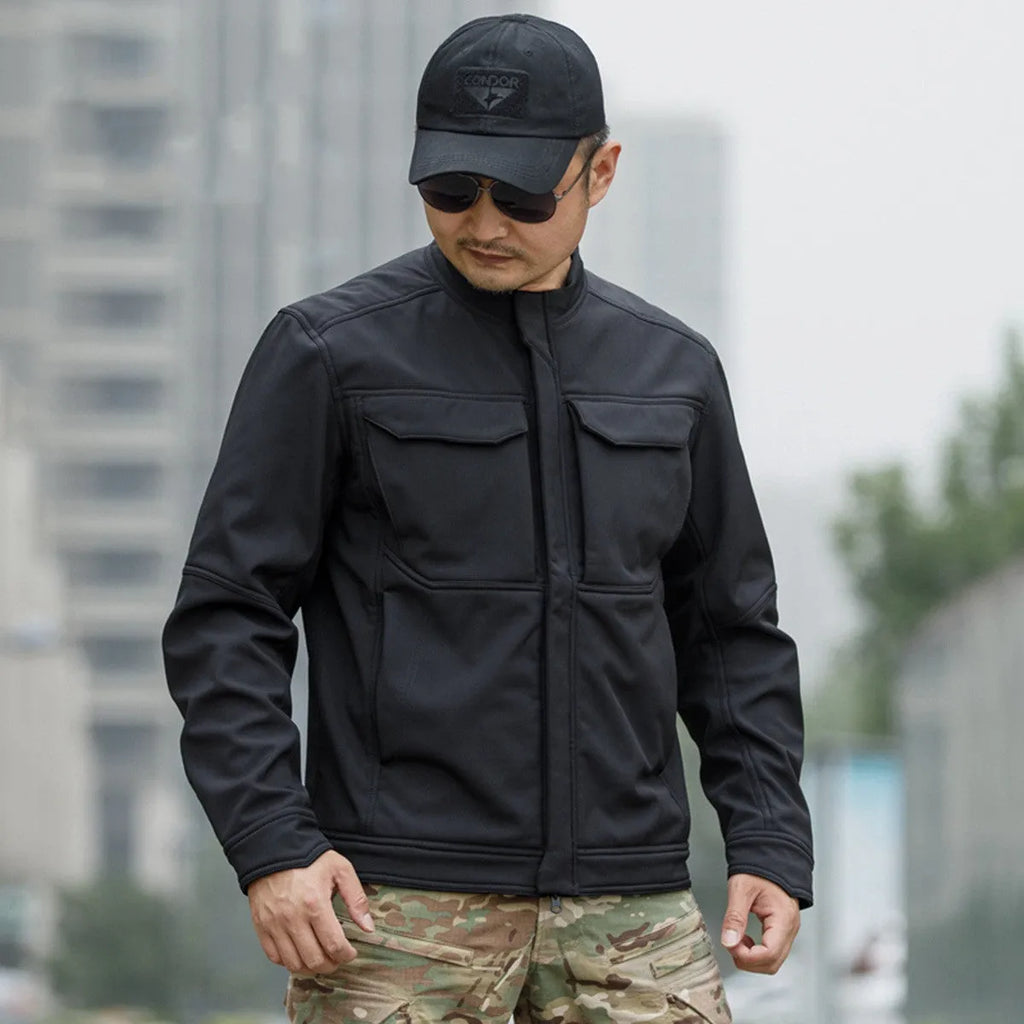Soft shell tactical jacket for mountaineering and camping in black camouflage colour