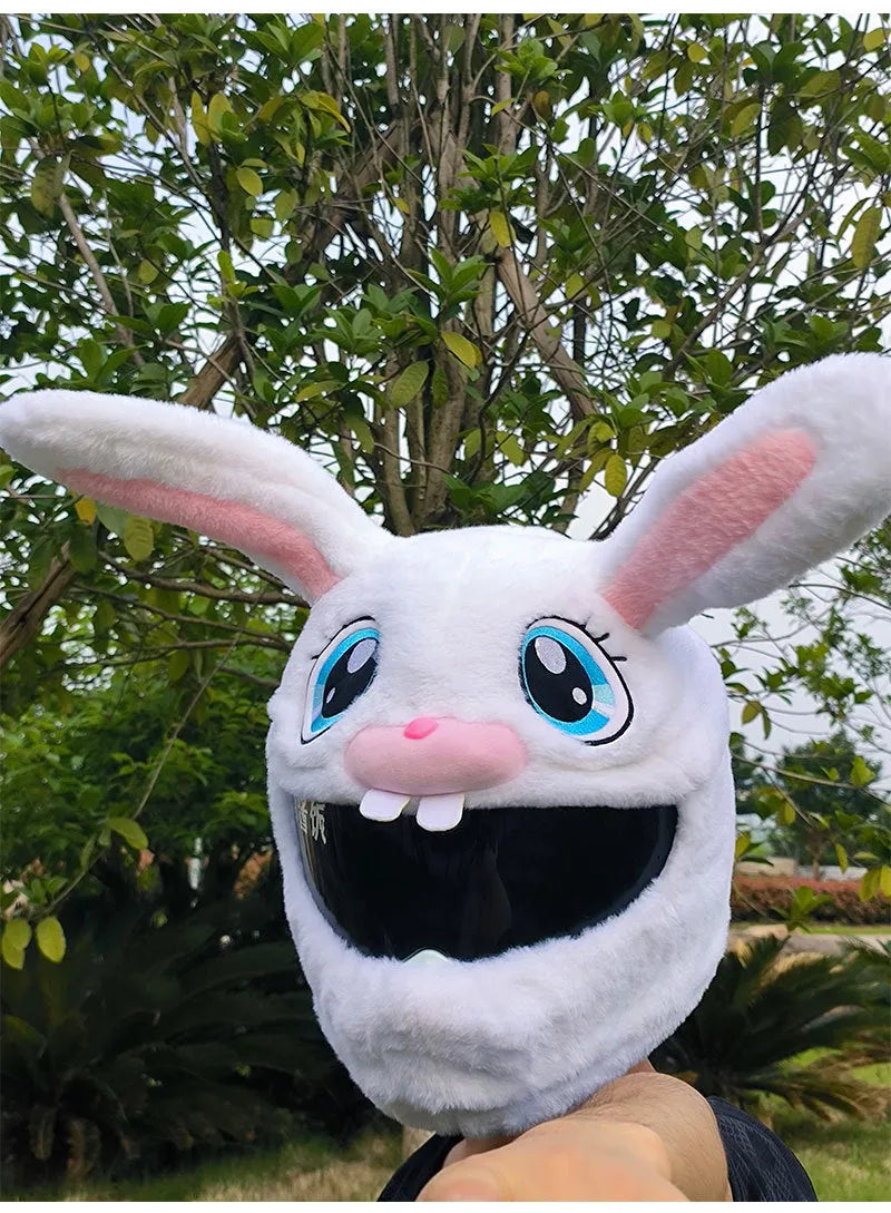 White long-eared rabbit head plush cover on an electric motorcycle helmet.