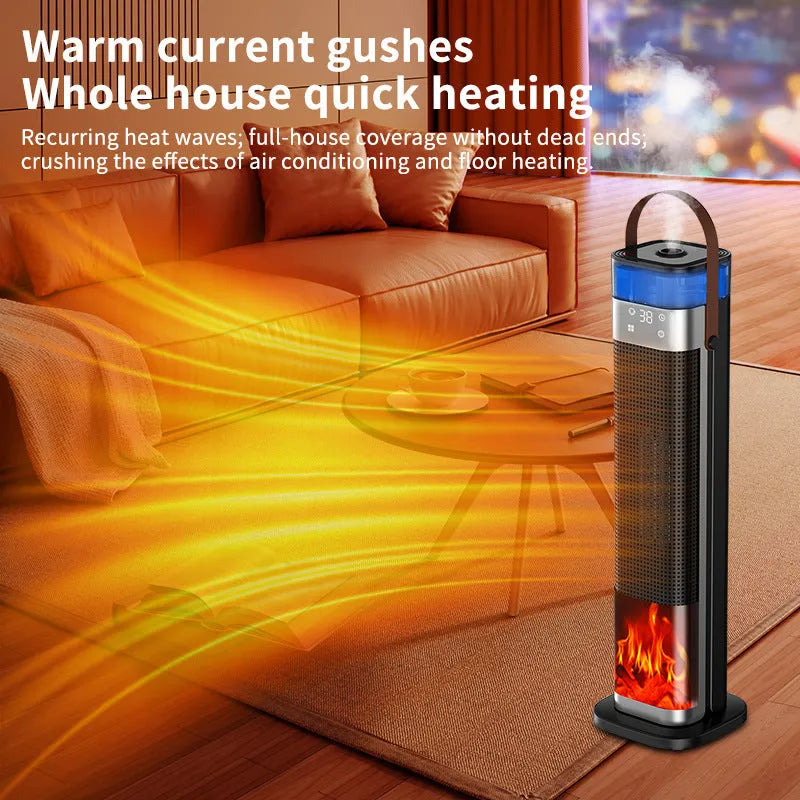 Vertical humidifying heater with remote control on a wooden floor.