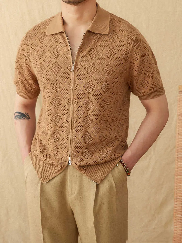 Cotton short sleeve cardigan with zipper front and lapel collar in light brown colour