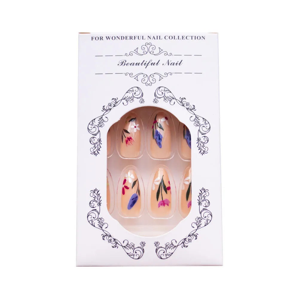 Almond-shaped removable nail art with rose and tulip floral patterns in European and American styling