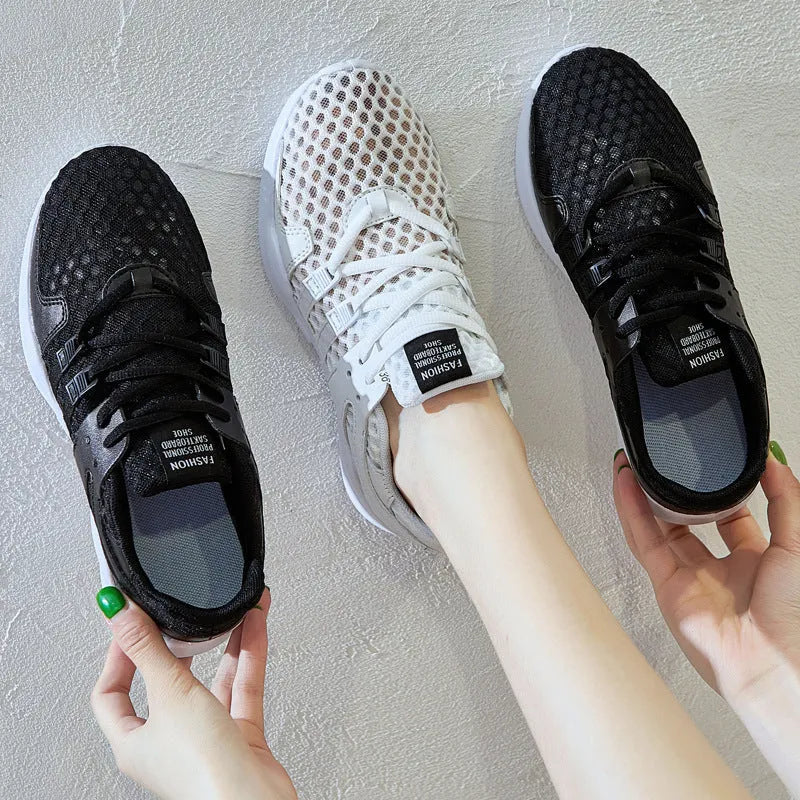 Low-top mesh sneaker with hollow-out detail and flat EVA sole in a slip-on style.