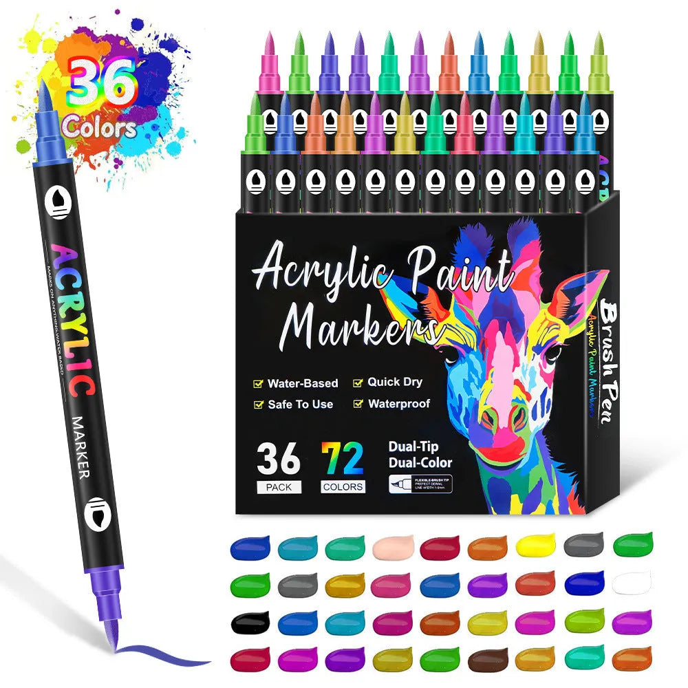 Set of double-headed acrylic marker pens with quick-drying washable opaque colours