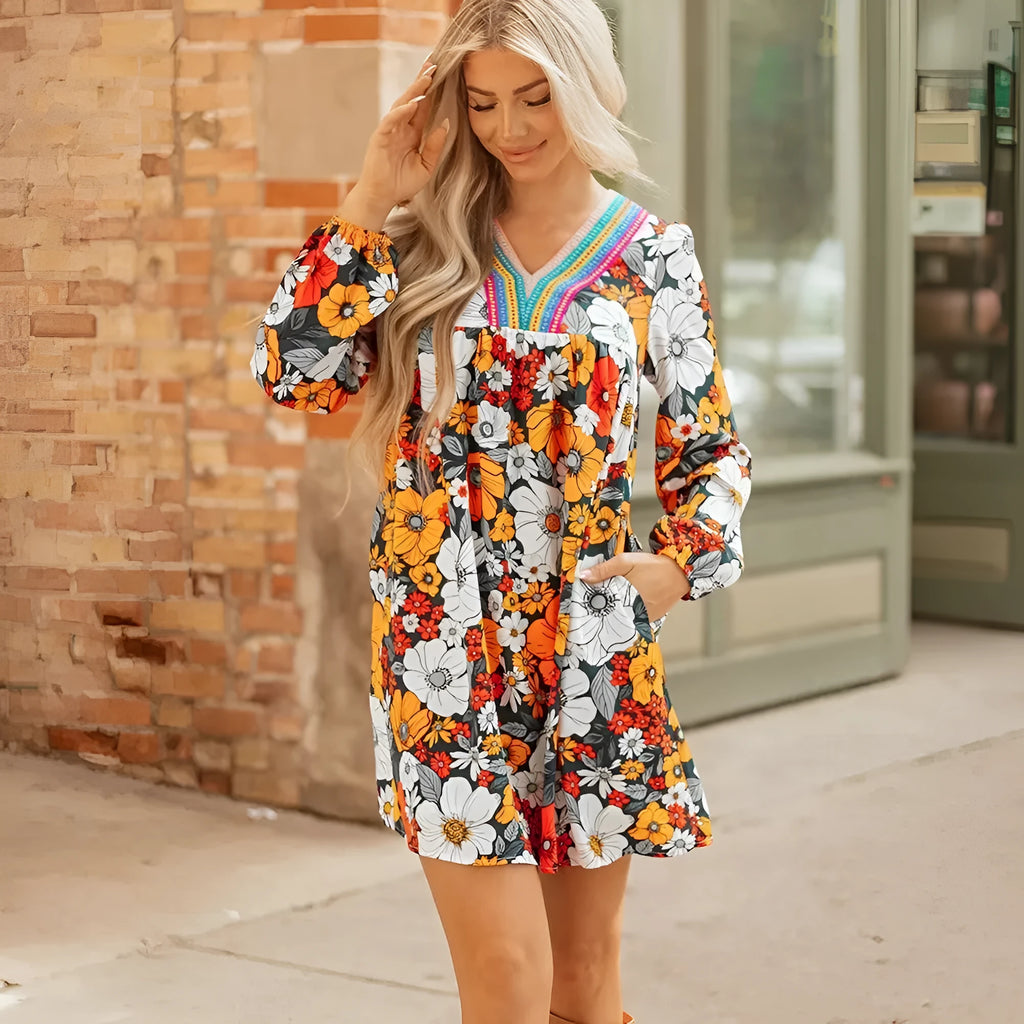 Orange floral striped V-neck mini dress with long lace sleeves