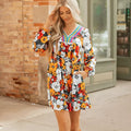 Orange floral striped V-neck mini dress with long lace sleeves