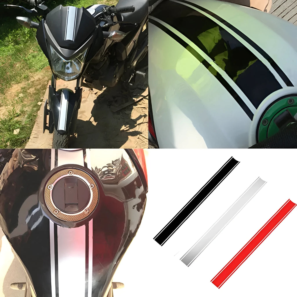 Black, red, silver, and yellow reflective pinstripe motorcycle stickers measuring 50 by 4.5 centimetres.