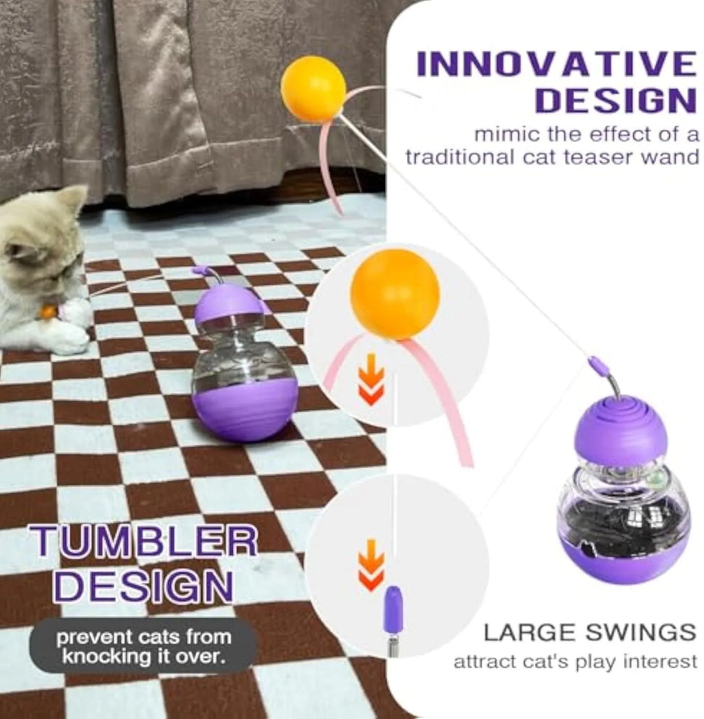 Interactive cat wand toy with rocking base, teaser attachment, and food dispenser in pink, purple or yellow colours