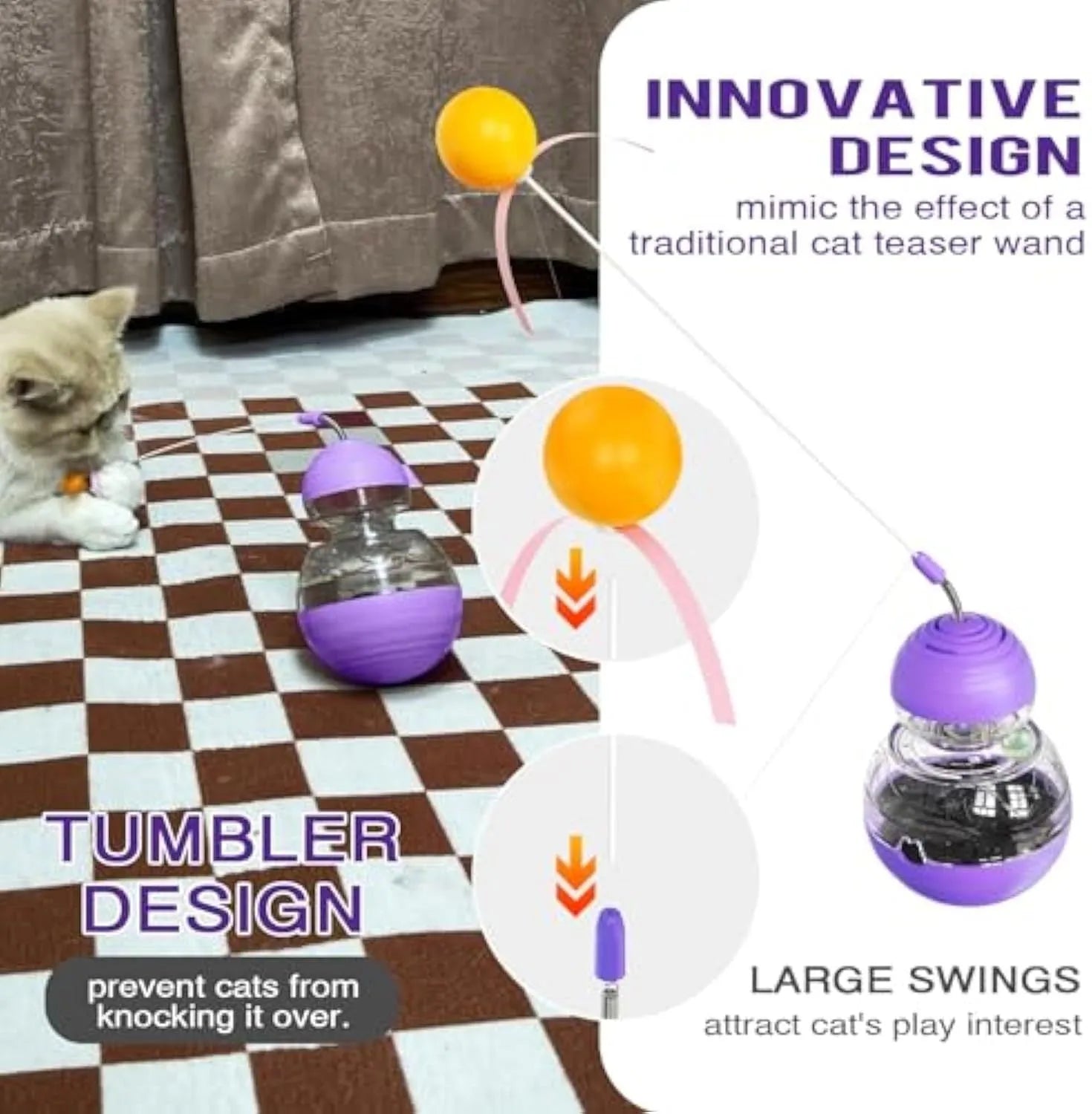 Interactive cat wand toy with rocking base, teaser attachment, and food dispenser in pink, purple or yellow colours