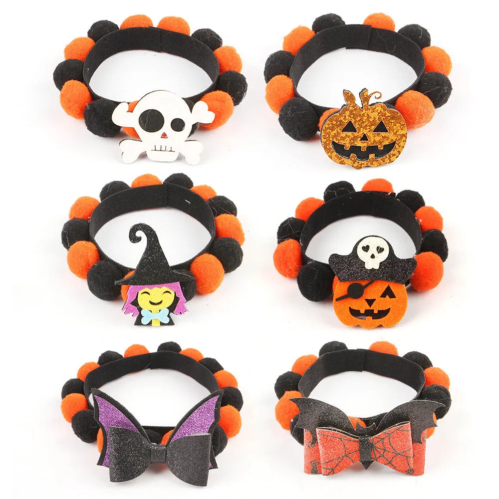Halloween pet collar with fur ball decoration in pumpkin, skull, witch, and bow designs.