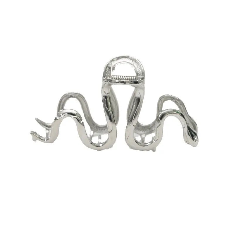 Slytherin serpentine snake design metal hair clip barrette in silver and gun black, 10.5cm long.