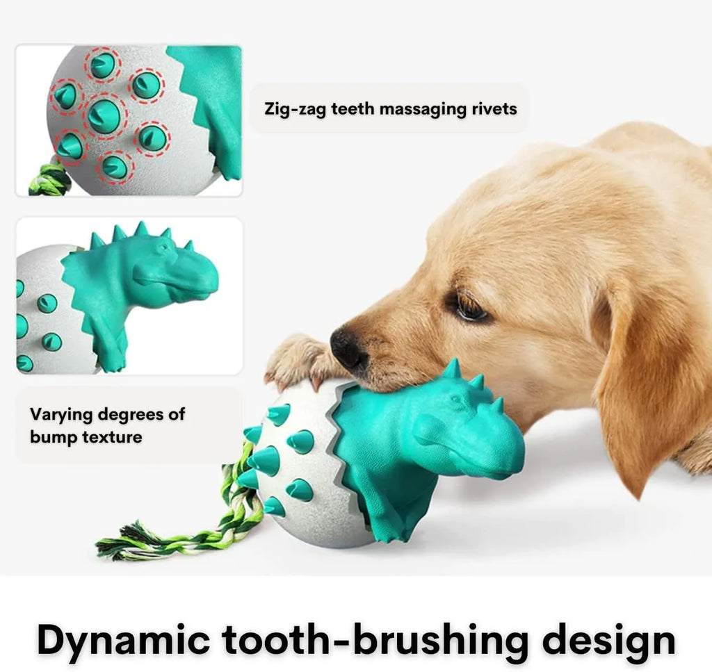 Blue dinosaur-shaped dog chew toy made of nylon and rubber with a rope tail.