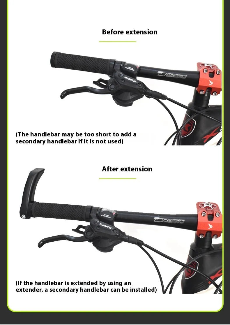 A pair of silver aluminium alloy bicycle handlebar extension rods for mountain bikes, showing folding design.