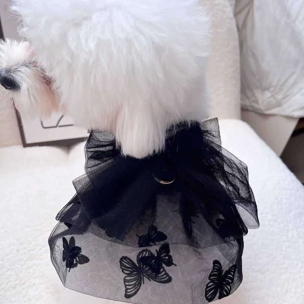 Black princess tulle skirt pet clothing for small dogs and cats showing five size options