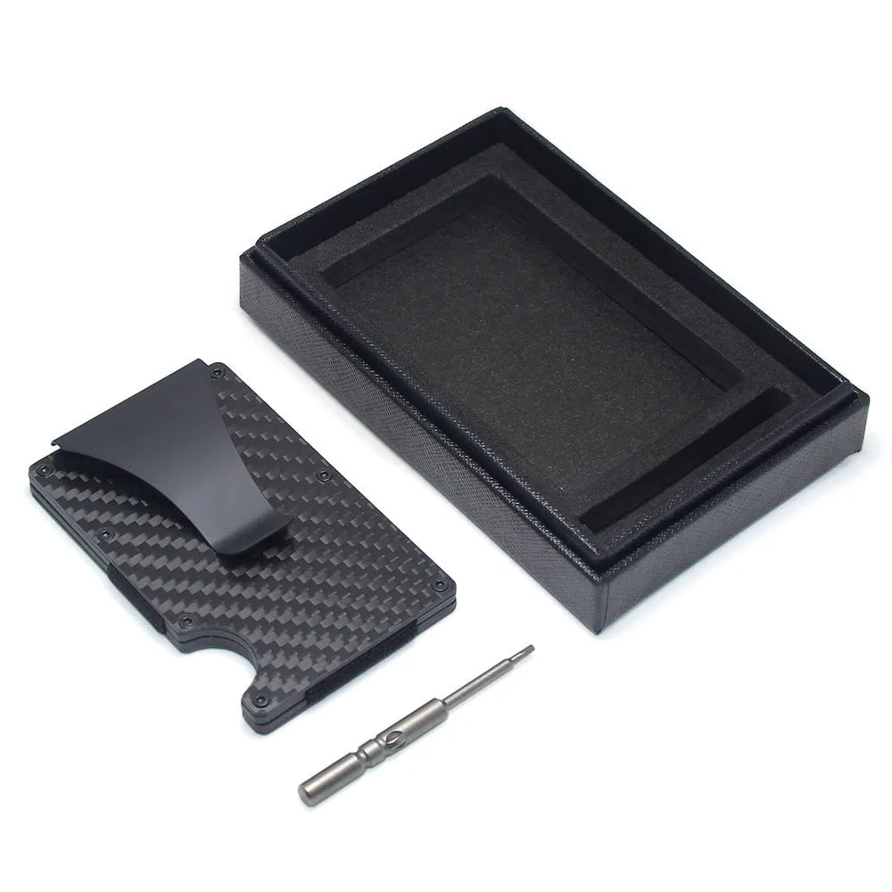 Slim geometric business card holder wallet in carbon fibre or aluminium, shown in black, blue, red, silver, or gold.