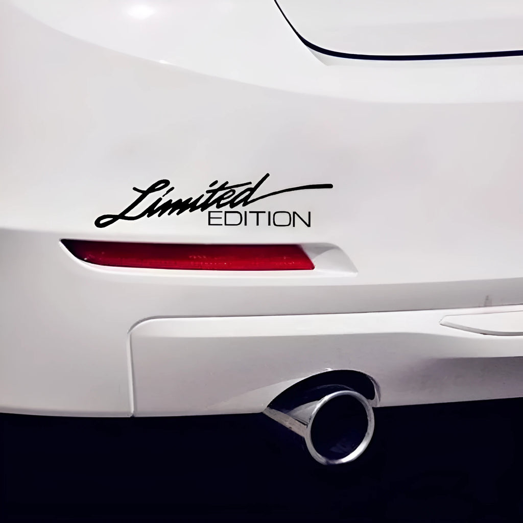 Reflective plastic bumper sticker showing Black, White, and Colourful design options, scale showing 16cm length.