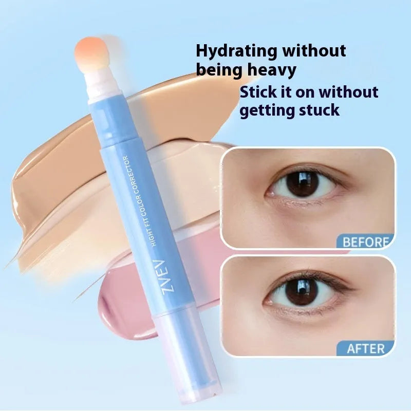 Concealer cream pen with sponge brush head applicator shown in three colour shades.