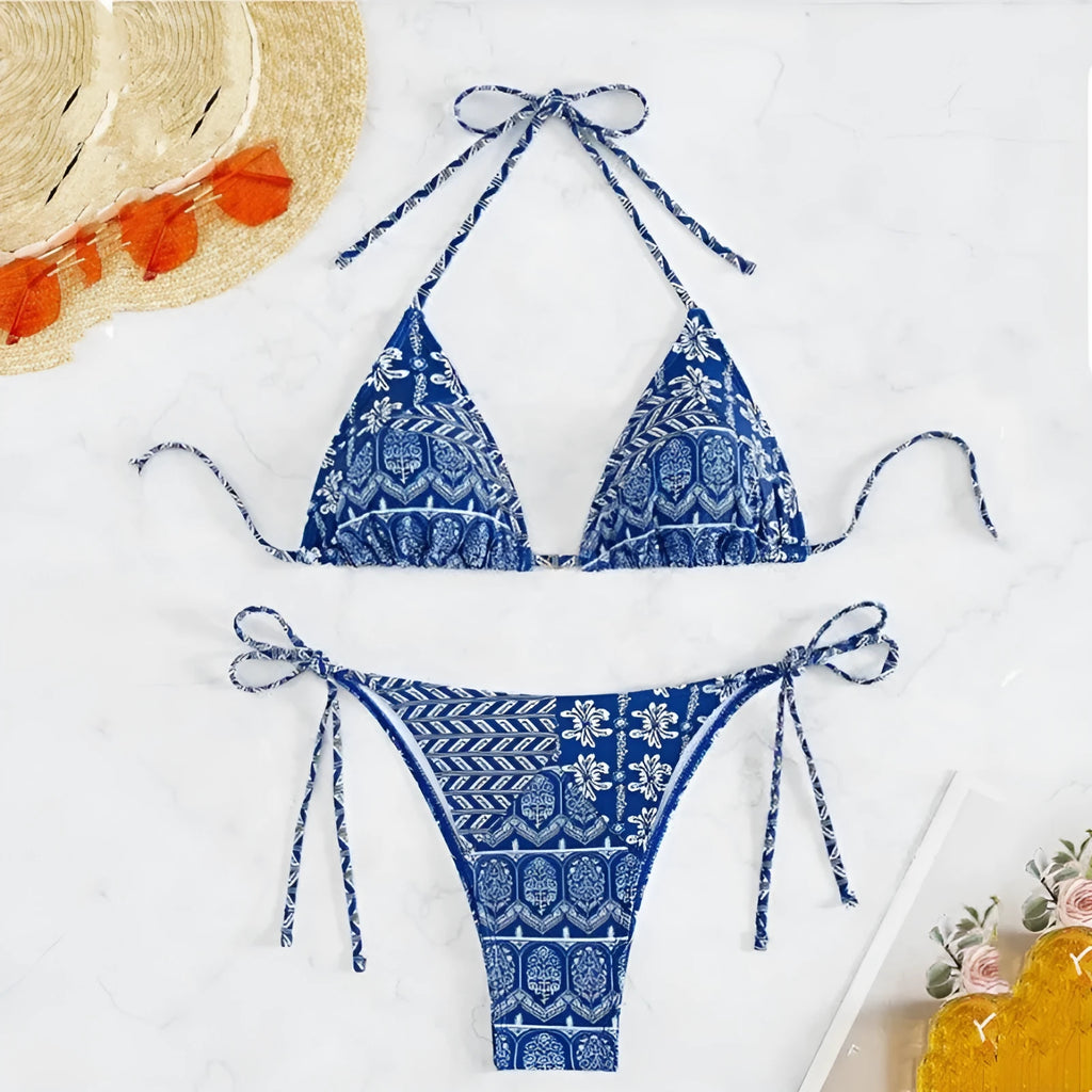 Women's split bikini swimsuit with stitching bandage design in polyester fabric for swimming