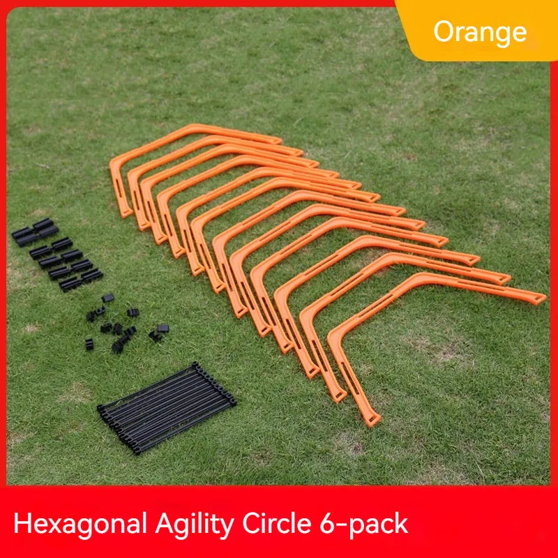 Set of six foldable hexagon football agility training rings in yellow, green and orange colours