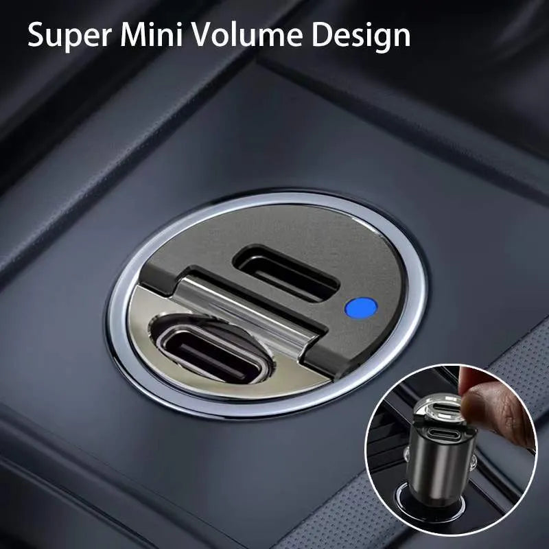 Black mini car charger with dual USB-C ports for 30W fast charging in vehicle power socket