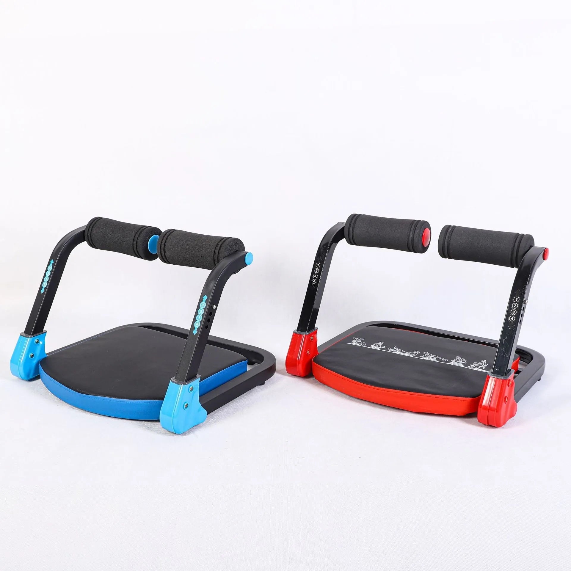 Sky blue and red portable mini abdominal exercise device for home, office, and outdoor use.