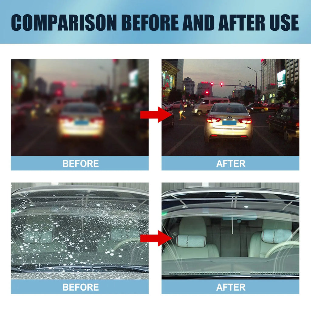 Blue car glass oil film remover bottle with separate sponge applicator for windshield cleaning