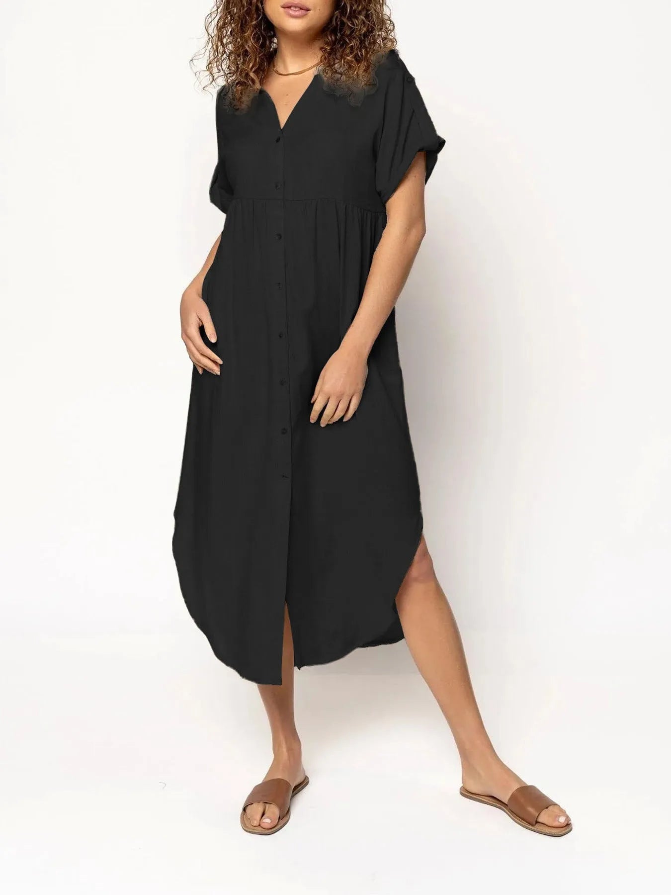 Mid-length solid colour casual dress with button front in pink black blue grey purple red army green apricot watermelon red featuring regular sleeves and mid-waist design