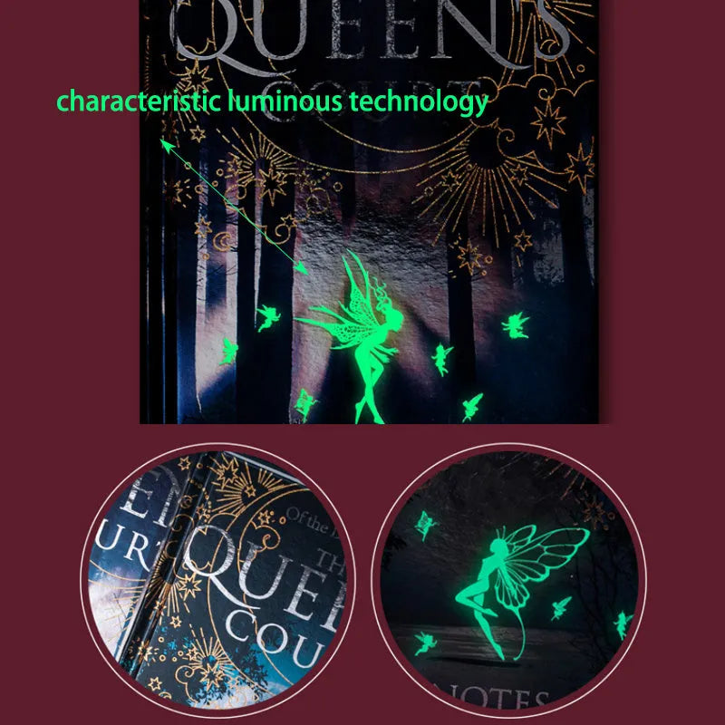 Blue and purple A5 hardcover luminous notebooks open to show full-colour illustrated pages.