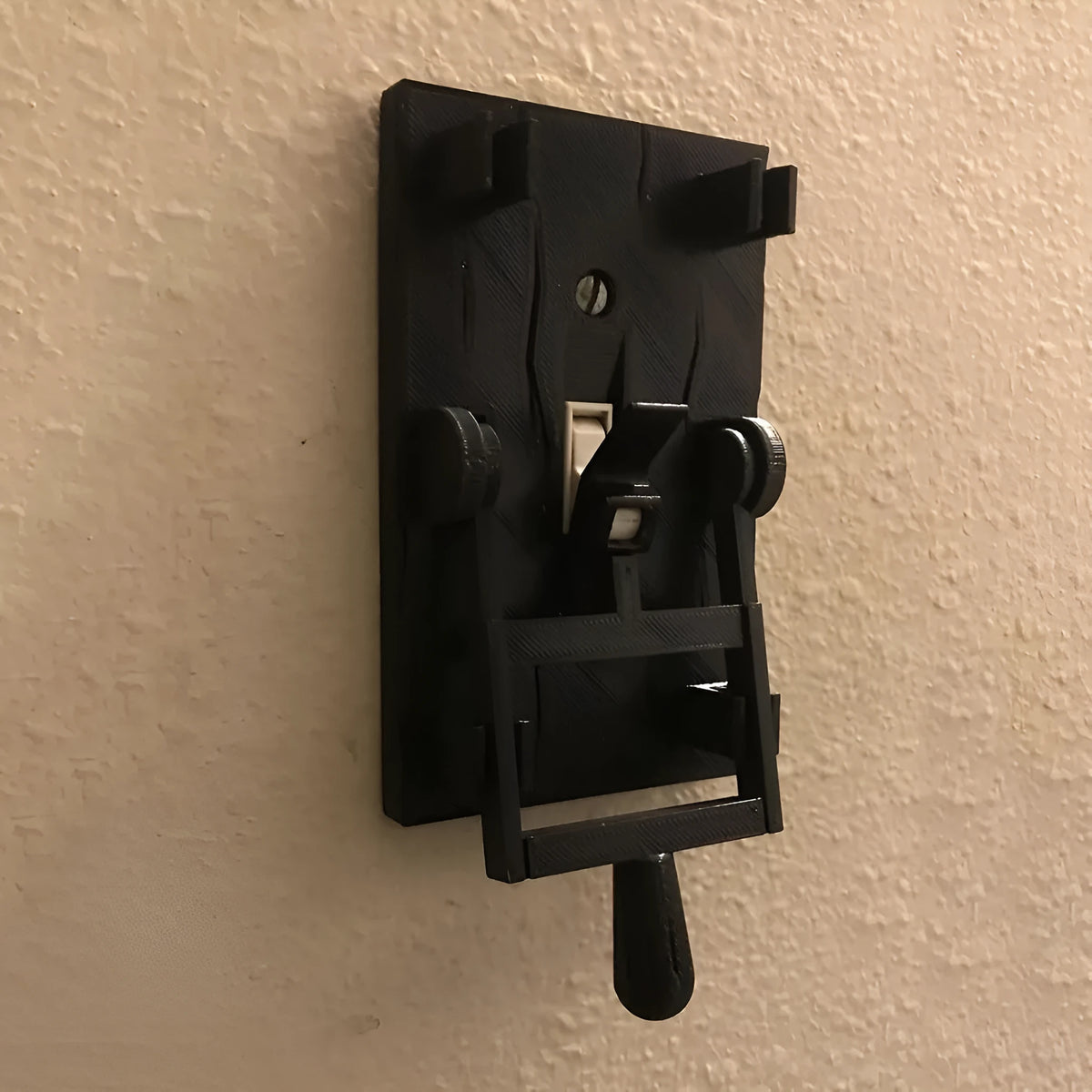 Retro-style white mechanical light switch panel for exposed wall mounting.
