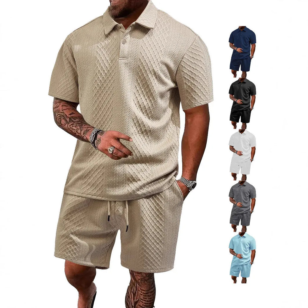 Man wearing a light grey short sleeve polo shirt and matching trousers from the pattern cloth casual suit set.
