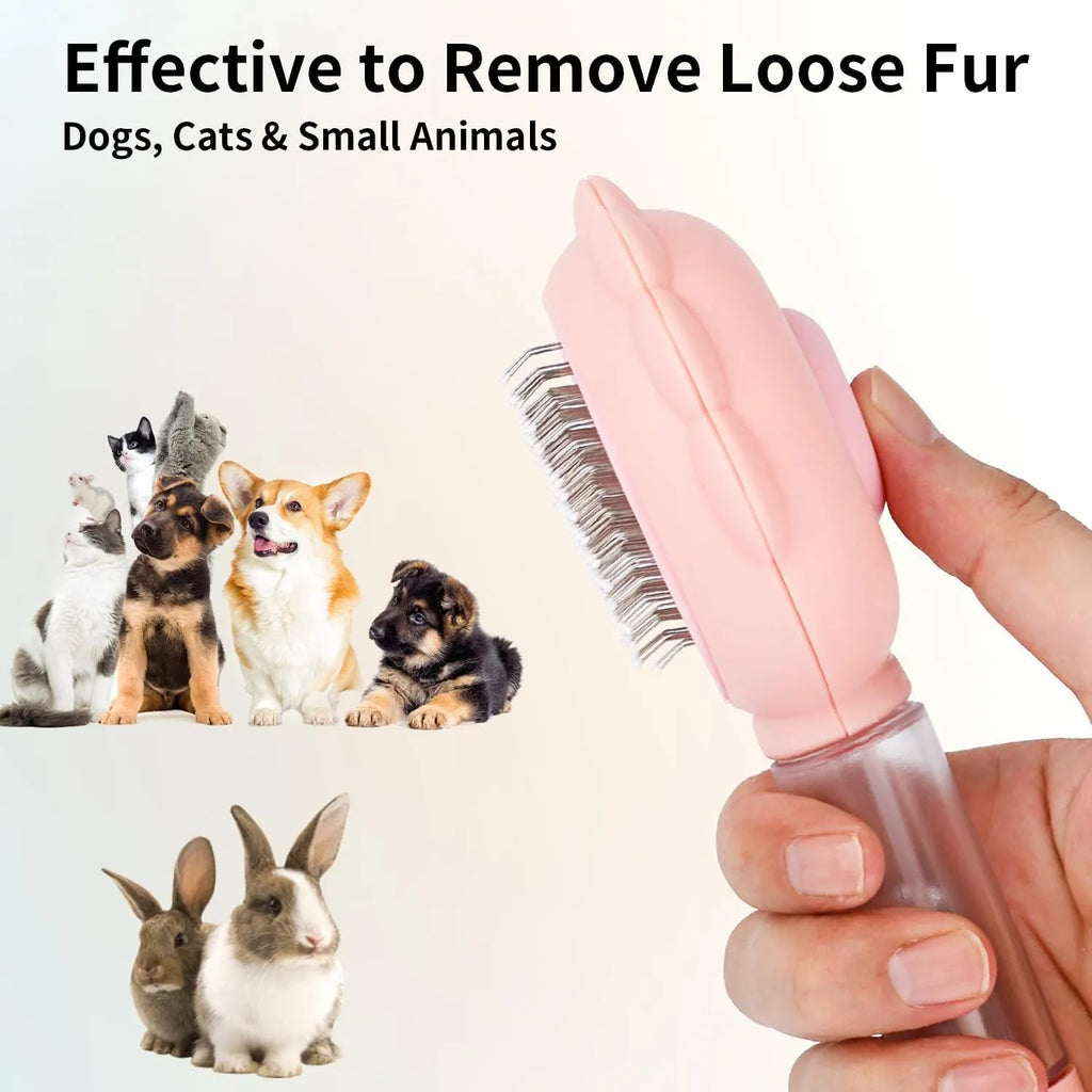 Grey spray grooming brush for cats with a self-cleaning button and curved stainless steel bristles.