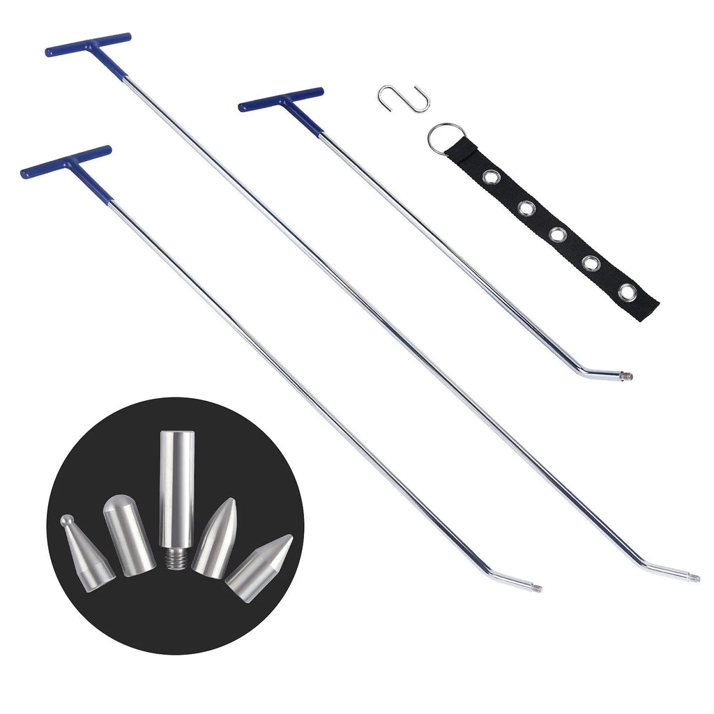 Three-piece alloy steel car dent repair tool set with hook crowbars for automotive body panel maintenance