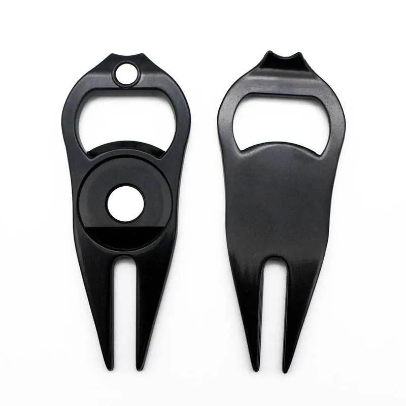 Zinc alloy golf ball yoke and bottle opener tool in black, green, or silver finish.