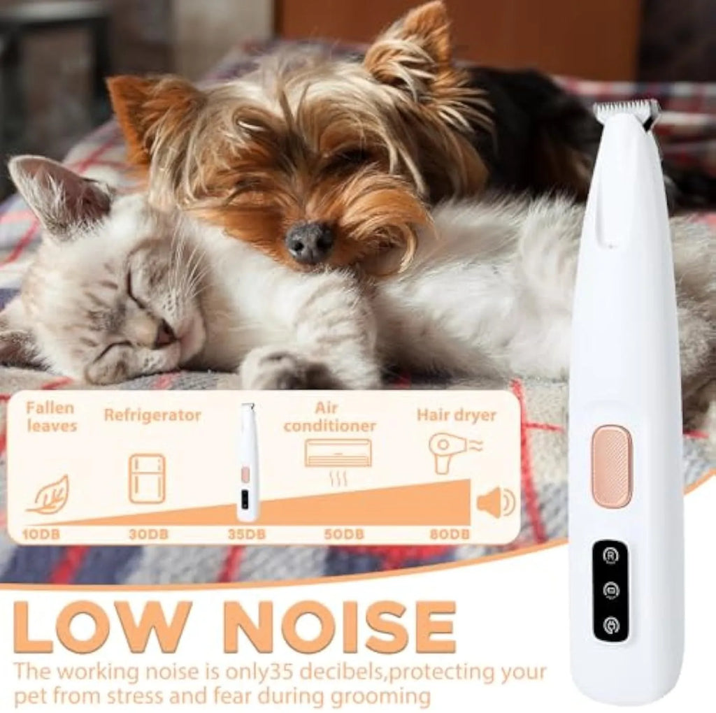 White rechargeable electric dog paw trimmer with LED light on a compact body.