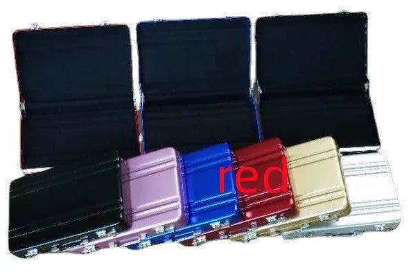 Aluminium alloy metal card holder in red colour showing dimensions of 100mm width 65mm height